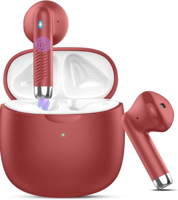Wireless Earbuds, Bluetooth 5.3 Headphones in Ear with Noise Cancelling Mic, Earbuds Stereo Bass, IP7 Waterproof Sports Earphones, 32H Playtime USB C Charging Buds Red for Android iOS