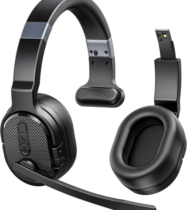 Trucker Bluetooth Headset, Wireless Headsets with Noise Cancelling Microphone, 40+Hrs HD Talktime Bluetooth Headphones with Detachable Earpad/Single+Dual Mode for Office/Driving/Home